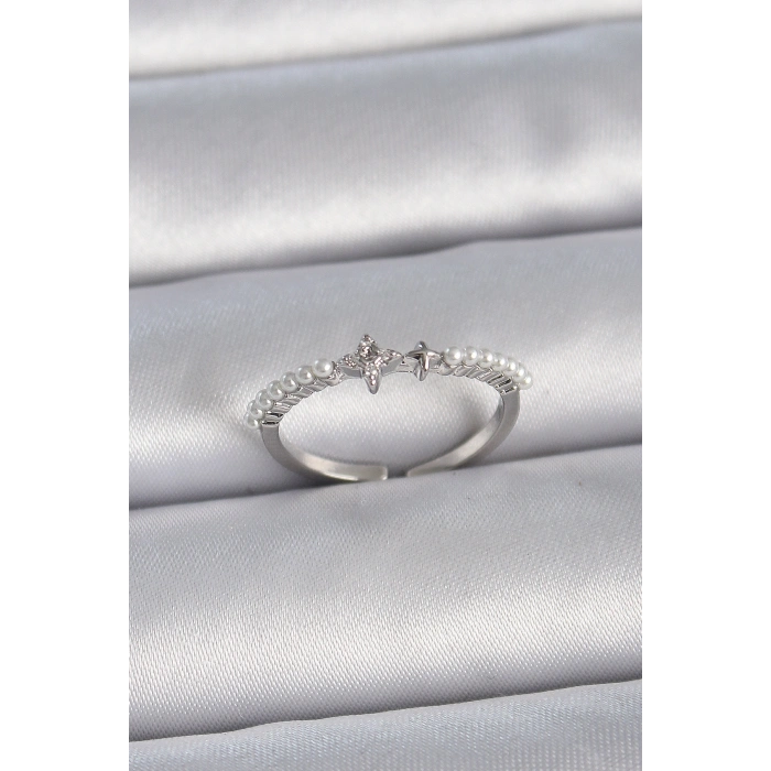 Pirinç Gümüş Renk Zirkon Taşlı Sıralı İnci Ayarlanabilir Model Kadın Yüzük