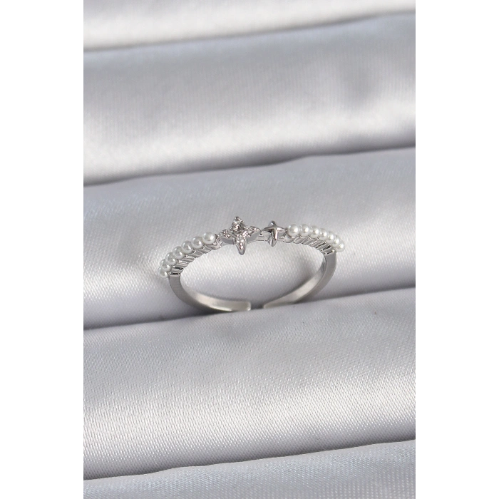 Pirinç Gümüş Renk Zirkon Taşlı Sıralı İnci Ayarlanabilir Model Kadın Yüzük