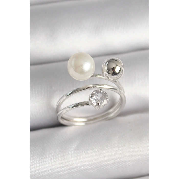 Pirinç Gümüş Renk Zirkon Taşlı Toplu İnci Model Kadın Yüzük