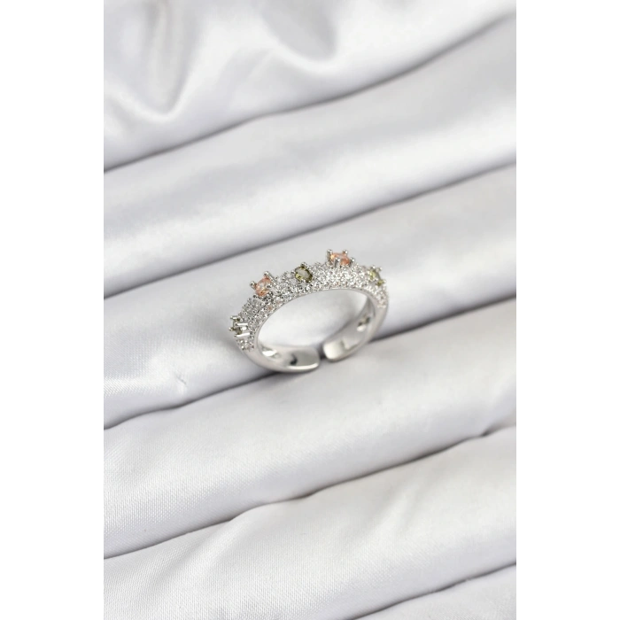 Pirinç Gümüş Renk Zirkon Taşlı Vintage Kadın Yüzük