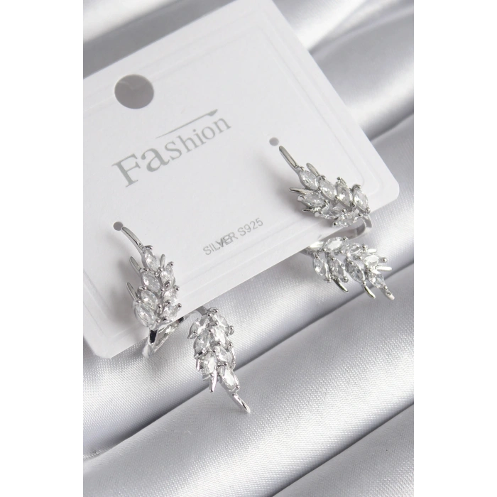 Pirinç Gümüş Renk Zirkon Taşlı Yaprak Model Kadın Küpe