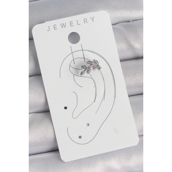 Pirinç Gümüş Renk Zirkon Taşlı Yaprak Model Kıkırdak Kadın Küpe