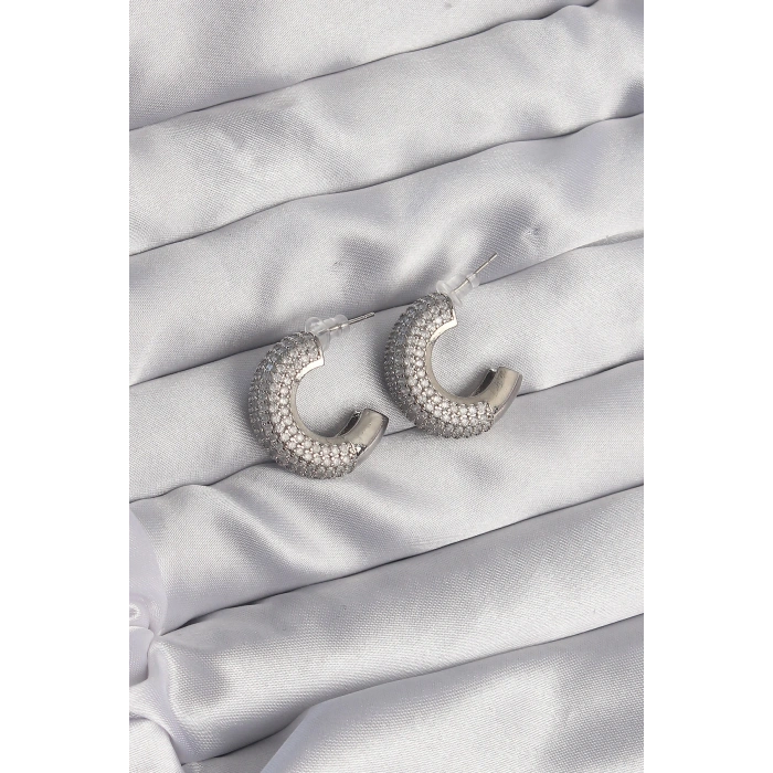 Pirinç Gümüş Renk Zirkon Taşlı Yarım Halka Küpe