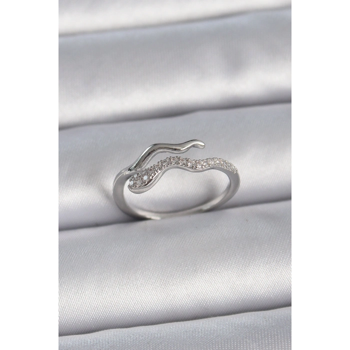 Pirinç Gümüş Renk Zirkon Taşlı Yılan Ayarlanabilir Model Kadın Yüzük