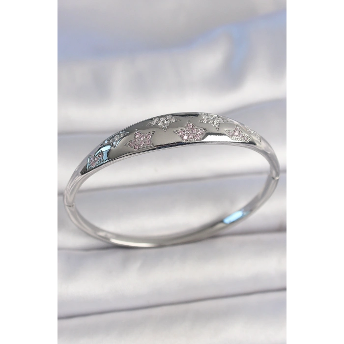 Pirinç Gümüş Renk Zirkon Taşlı Yıldız İşlemeli Kadın Kelepçe