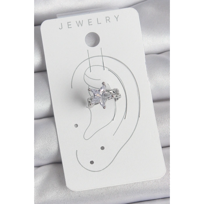 Pirinç Gümüş Renk Zirkon Taşlı Yıldız Model Kadın Kıkırdak Küpe