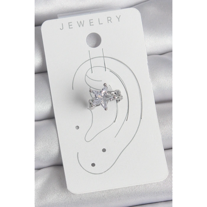 Pirinç Gümüş Renk Zirkon Taşlı Yıldız Model Kadın Kıkırdak Küpe