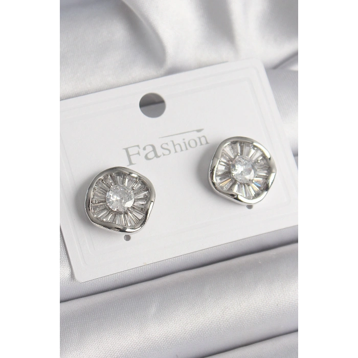 Pirinç Gümüş Renk Zirkon Taşlı Yonca Model Kadın Küpe