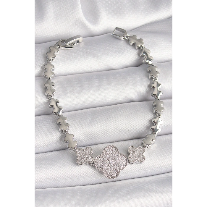 Pirinç Gümüş Renk Zirkon Taşlı Yonca Model Zincir Model Kadın Bileklik