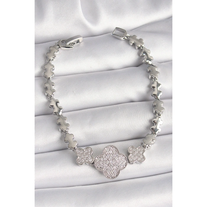 Pirinç Gümüş Renk Zirkon Taşlı Yonca Model Zincir Model Kadın Bileklik