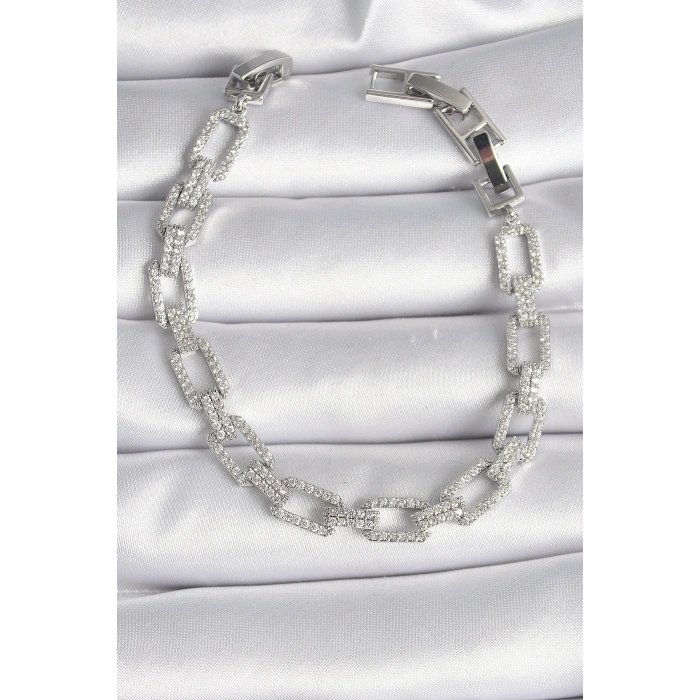 Pirinç Gümüş Renk Zirkon Taşlı Zincir Model VIP Seri Kadın Bileklik