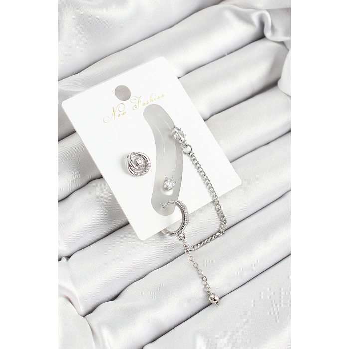 Pirinç Halka Figürlü Zirkon Taşlı Gümüş Renk 3lü Kıkırdak Kadın Küpe Set