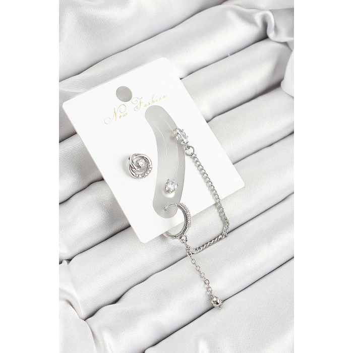 Pirinç Halka Figürlü Zirkon Taşlı Gümüş Renk 3lü Kıkırdak Kadın Küpe Set