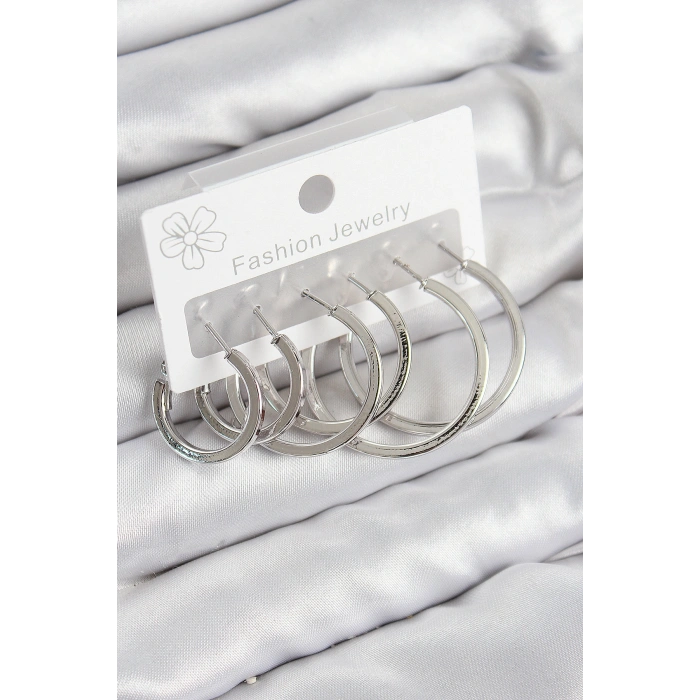 Pirinç Halka Model Gümüş Renk Kadın Set Küpe