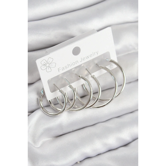 Pirinç Halka Model Gümüş Renk Kadın Set Küpe