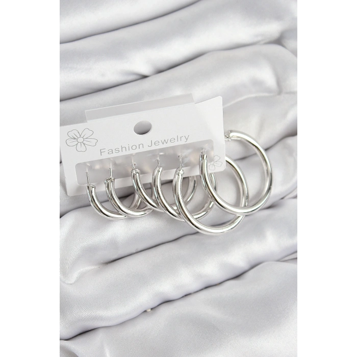 Pirinç Halka Model Gümüş Renk Kadın Set Küpe