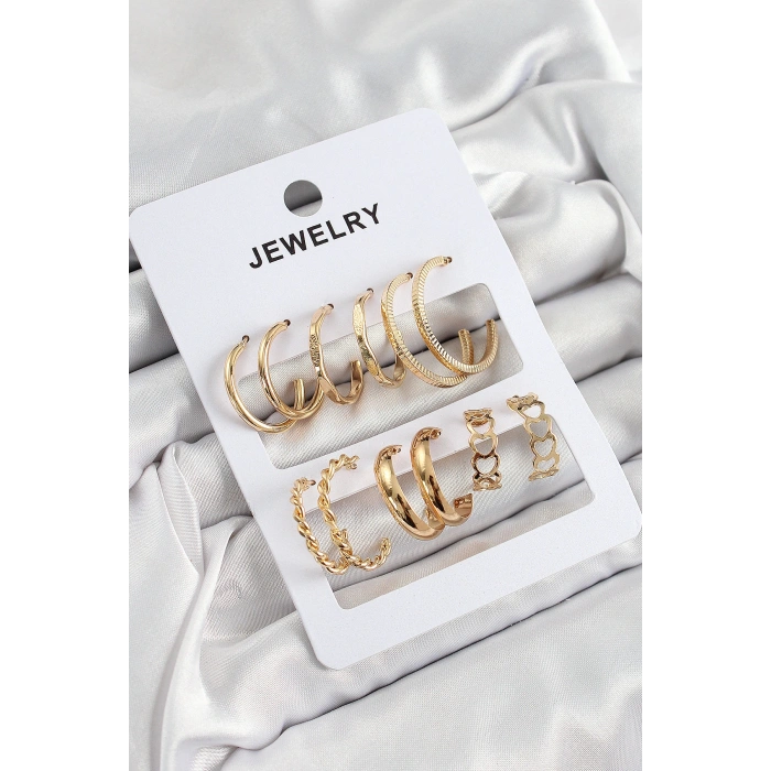 Pirinç Karışık Halka Model Gold Renk 6 Çift Kadın Küpe Set