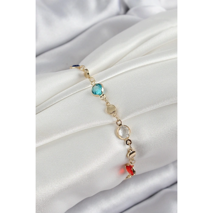 Pirinç Karışık Renk Zirkon Taşlı Gold Renk Kadın Bileklik