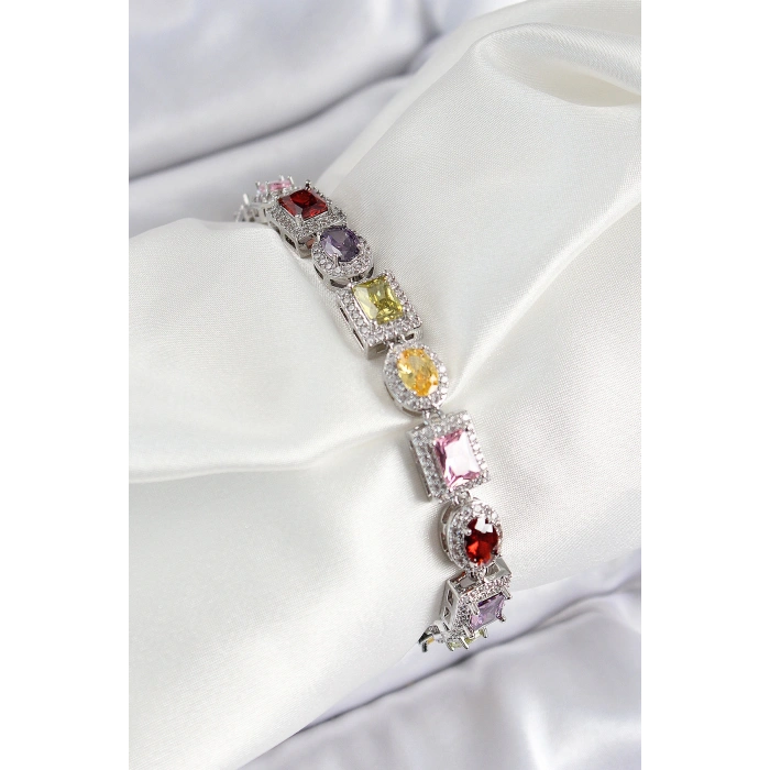 Pirinç Karışık Zirkon Taşlı Baget Model Gümüş Renk VIP Seri Kadın Bileklik