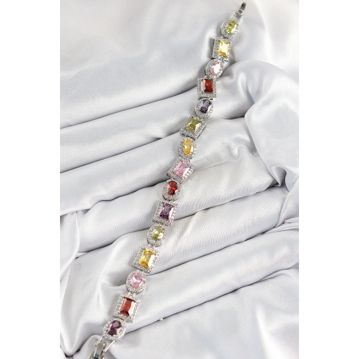 Pirinç Karışık Zirkon Taşlı Baget Model Gümüş Renk VIP Seri Kadın Bileklik