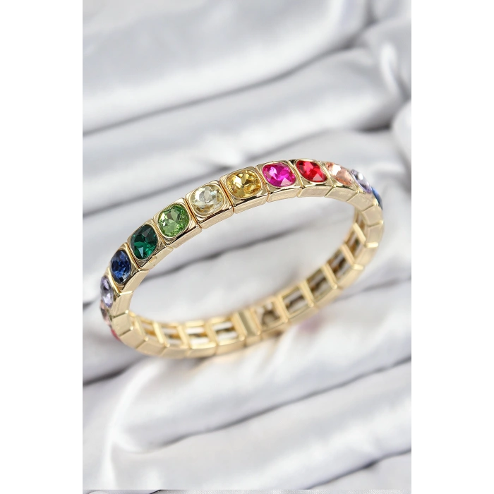 Pirinç Karışık Zirkon Taşlı Kare Model Gold Renk Lastikli Kadın Bileklik