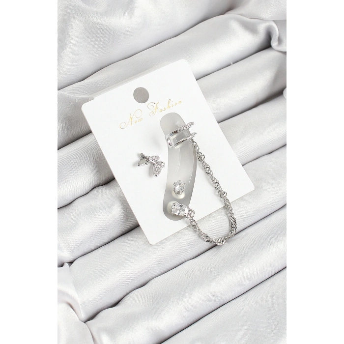 Pirinç Kelebek Figürlü Zirkon Taşlı Gümüş Renk 3lü Kıkırdak Kadın Küpe Set