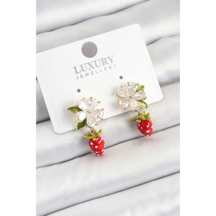 Pirinç Mineli Zirkon Taşlı Çiçek Model Sallantılı Çilek Detaylı Gold Renk Kadın Küpe