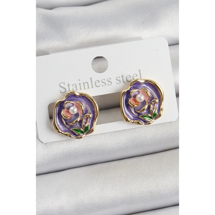 Pirinç Mor Mineli Çiçek Figürlü Sanatsal Portre Model Gold Renk Kadın Küpe