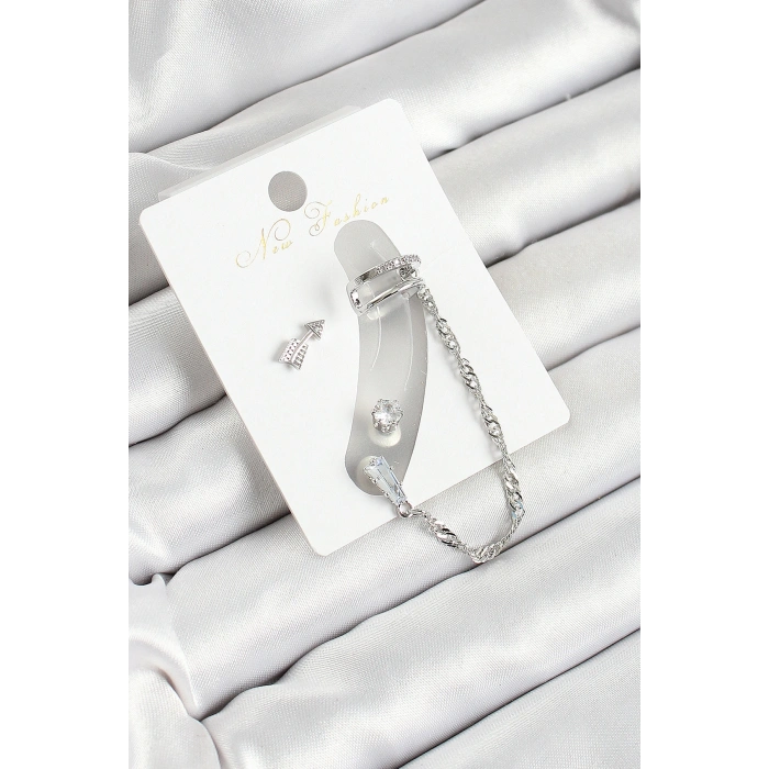 Pirinç Ok Figürlü Zirkon Taşlı Gümüş Renk 3lü Kıkırdak Kadın Küpe Set