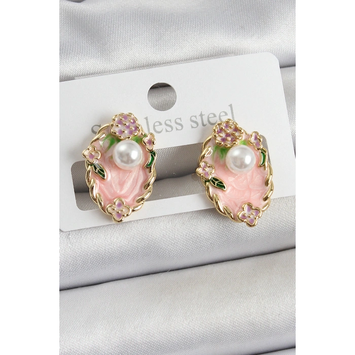 Pirinç Pembe Mineli İnci Detaylı Sanatsal Portre Model Gold Renk Kadın Küpe