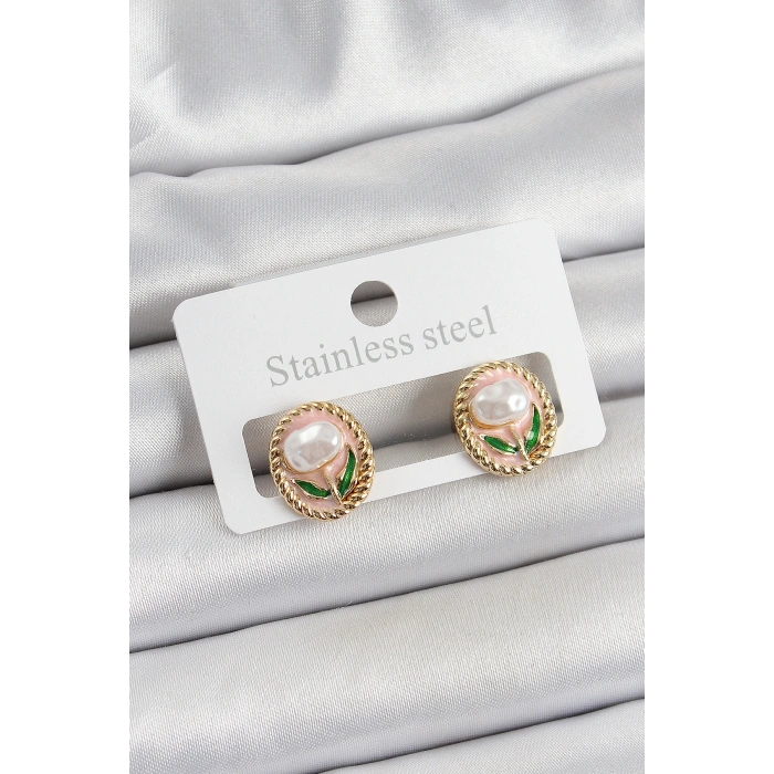 Pirinç Pembe Mineli Lale Figürlü Sanatsal Portre Model Gold Renk Kadın Küpe