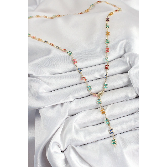 Pirinç Renkli Zirkon Taşlı Kelebek Model Gold Renk Kadın Y Kolye