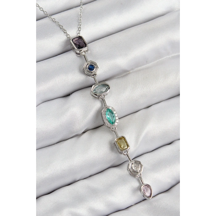 Pirinç Renkli Zirkon Taşlı Model Gümüş Renk 7 Element Kadın Y Kolye