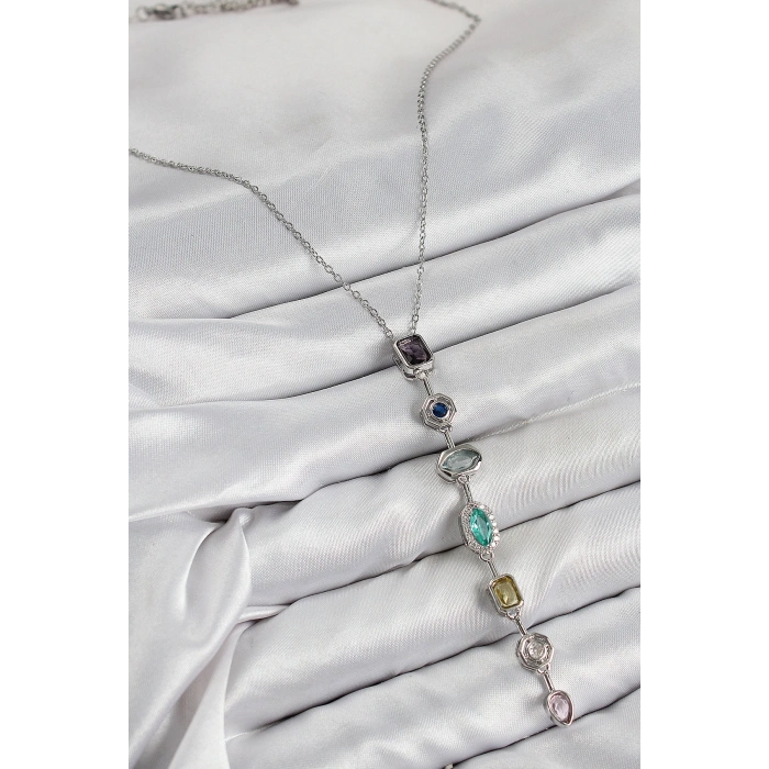 Pirinç Renkli Zirkon Taşlı Model Gümüş Renk 7 Element Kadın Y Kolye