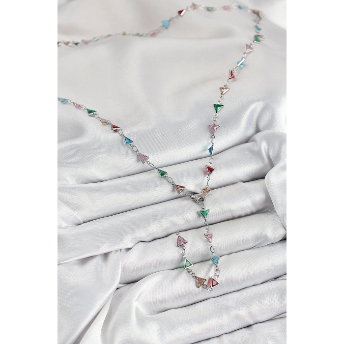 Pirinç Renkli Zirkon Taşlı Üçgen Model Gümüş Renk Kadın Y Kolye