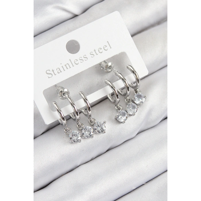 Pirinç Sallantılı Zirkon Taşlı Model Gümüş Renk Kadın Küpe