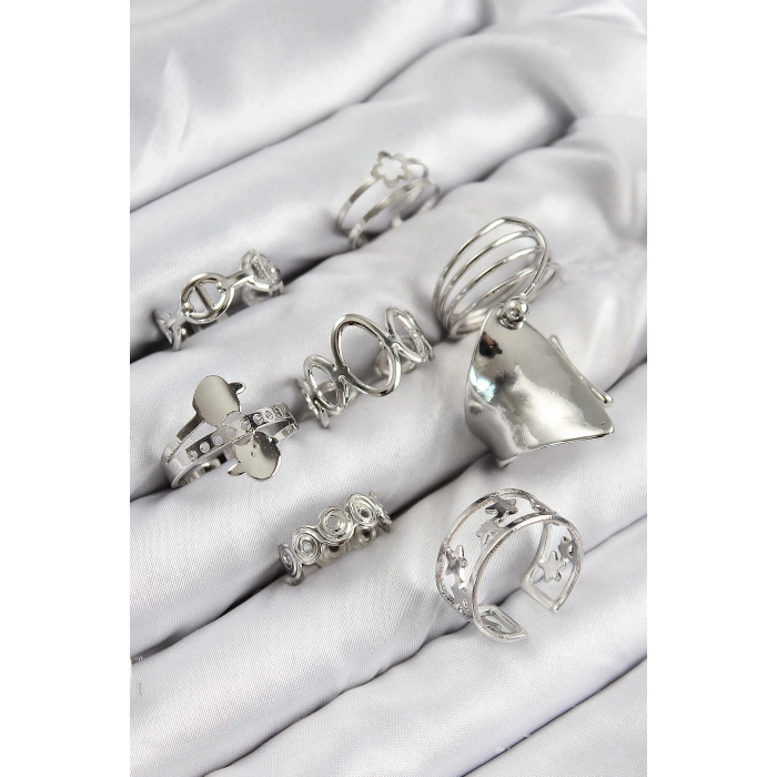 Pirinç Sarmal Ve Yıldız Model Gümüş Renk Kadın Yüzük Kombin Set