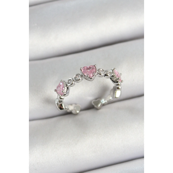 Pirinç Sıralı Kalp Figürlü Zirkon Taşlı Gümüş Renk Ayarlanabilir Kadın Yüzük