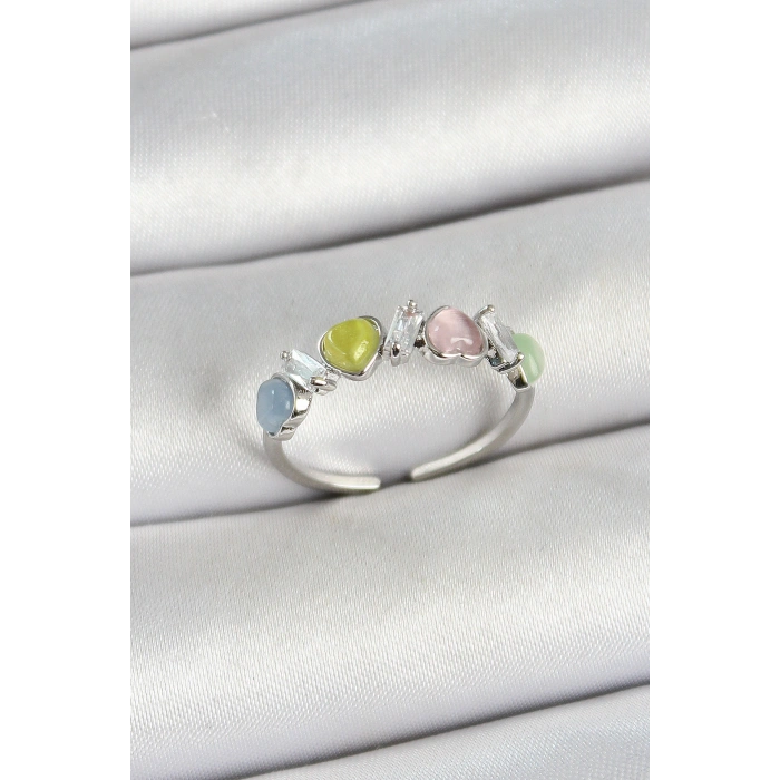 Pirinç Sıralı Kalp Figürlü Zirkon Taşlı Gümüş Renk Ayarlanabilir Kadın Yüzük