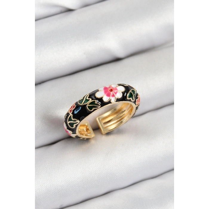 Pirinç Siyah Mineli Çiçek Motifli Gold Renk Ayarlanabilir Kadın Yüzük