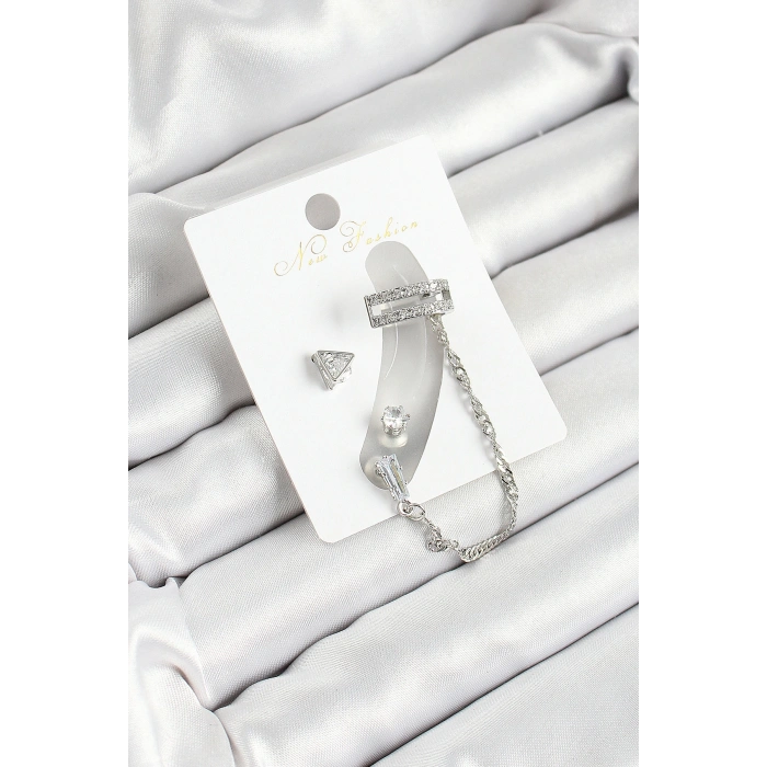 Pirinç Üçgen Figürlü Zirkon Taşlı Gümüş Renk 3lü Kıkırdak Kadın Küpe Set