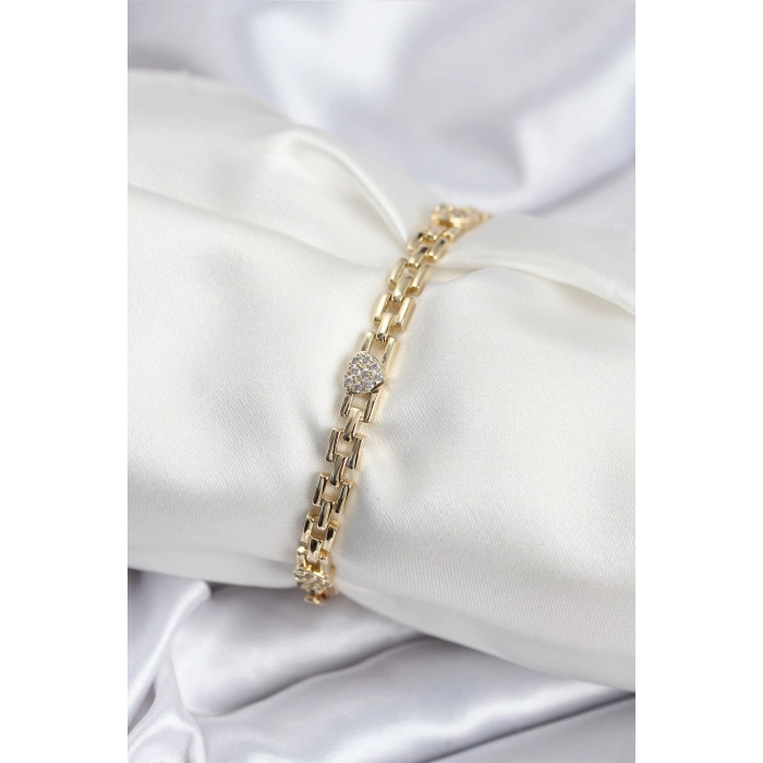 Pirinç VIP Seri Gold Renk Zincir Model Kalpli Zirkon Taşlı Kadın Bileklik