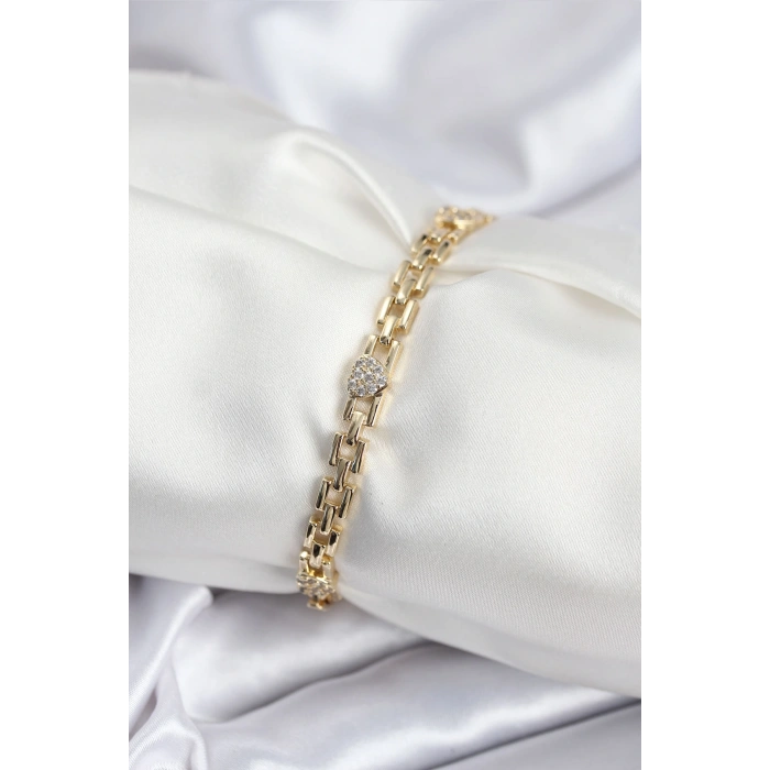 Pirinç VIP Seri Gold Renk Zincir Model Kalpli Zirkon Taşlı Kadın Bileklik