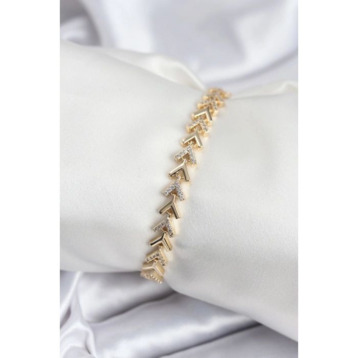 Pirinç VIP Seri Gold Zirkon Taşlı Balık Sırtı Model Kadın Bileklik