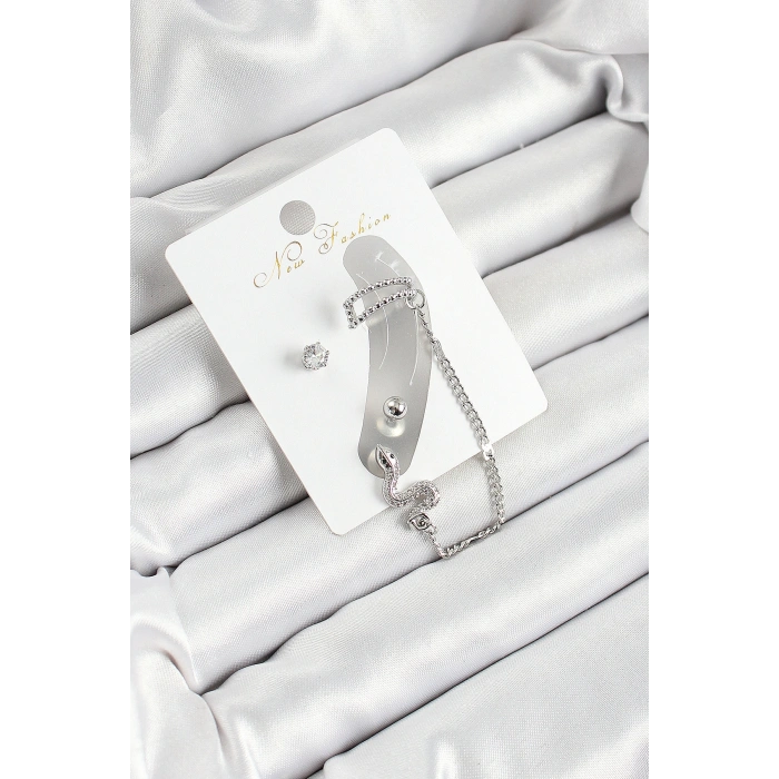 Pirinç Yılan Figürlü Zirkon Taşlı Gümüş Renk 3lü Kıkırdak Kadın Küpe Set