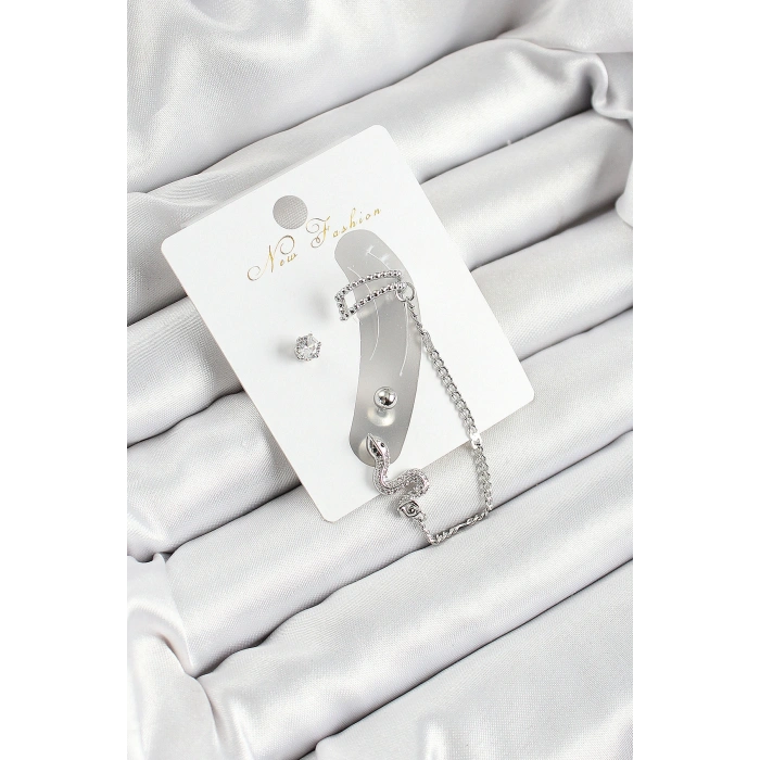 Pirinç Yılan Figürlü Zirkon Taşlı Gümüş Renk 3lü Kıkırdak Kadın Küpe Set