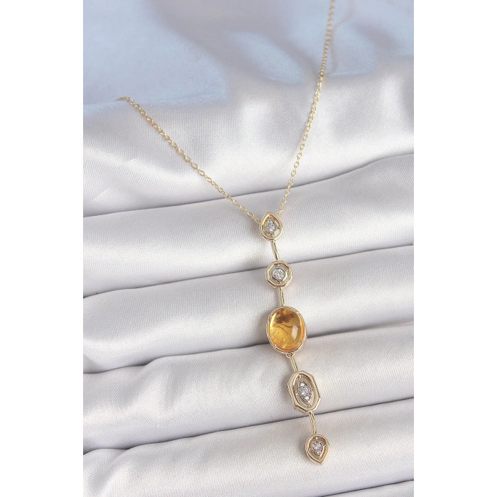 Pirinç Zincir Kehribar Sarı Gold Renk  Zirkon Taşlı Y Kolye
