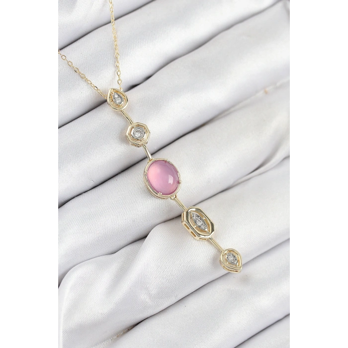 Pirinç Zincir Pembe Gold Renk Zirkon Taşlı Y Kolye