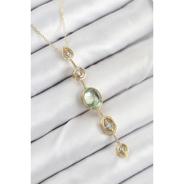 Pirinç Zincir Yeşil Gold Renk Zirkon Taşlı Y Kolye