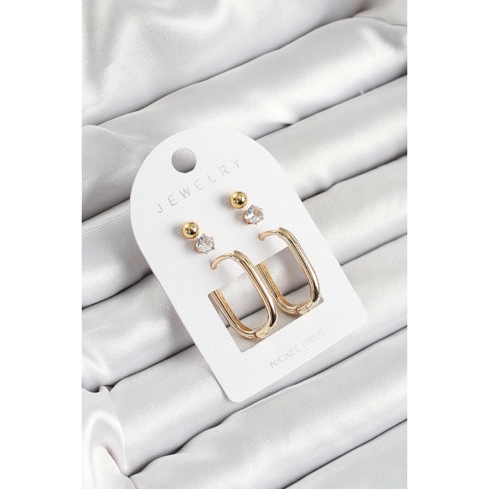 Pirinç Zirkon Taş Ve Dikdörtgen Figürlü Gold Renk 3lü Çift Kadın Küpe Set